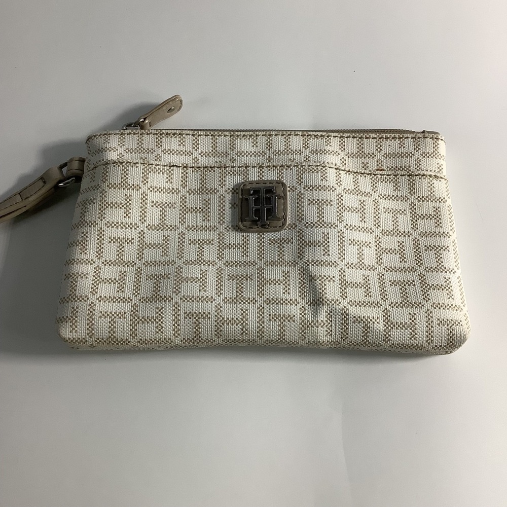 Tommy Hilfiger Women's Logo Printed Medium Wristlet Wallet‎ Clutch Bag White/Tan